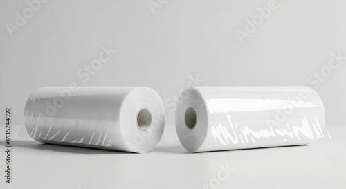 Two transparent plastic film rolls on a neutral background, for packaging and wrapping applications