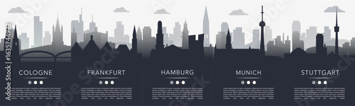 Germany cities poster pack with copy space, text, skylines, landmarks of  Cologne, Frankfurt, Hamburg, Munich, Stuttgart. Vector illustration set. Monochrome travel images