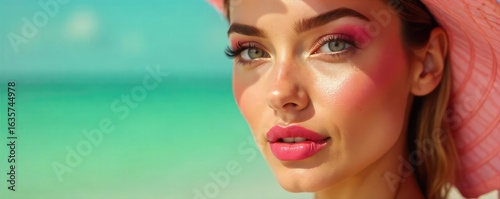 Bright, sun-kissed summer makeup look featuring vibrant eyeshadows, bronzer, and a glossy lip Perfect for beauty blogs, tutorials, and cosmetic websites , tutorial, warm
