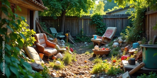 A cluttered heap of discarded items sits in a sun-drenched backyard, overflowing with forgotten toys, broken tools, and overgrown weeds; a chaotic jumble of refuse and neglect , remnants, backyard
