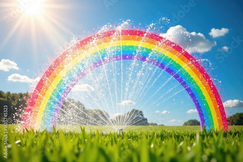 Vibrant rainbow sprinkler sprays water high in the air, creating a joyful, colorful arc against a bright sunny sky  Perfect for summer, fun, and playful themes , watering, sky, fresh