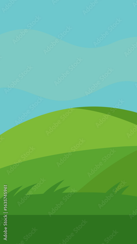 Obraz premium Stylized green rolling hills under a wavy blue sky background