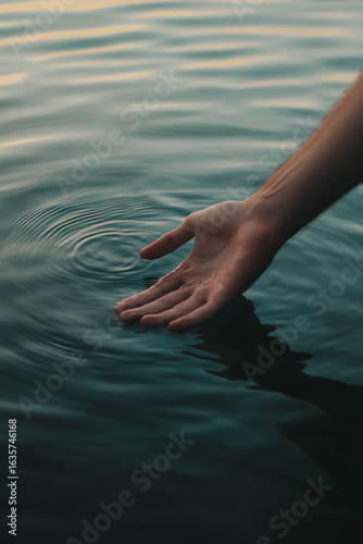 Hand touching calm water surface, creating ripples during sunset near a serene lake or pond