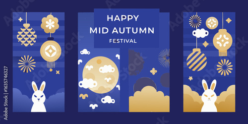 Happy mid autumn festival with moon and rabbits