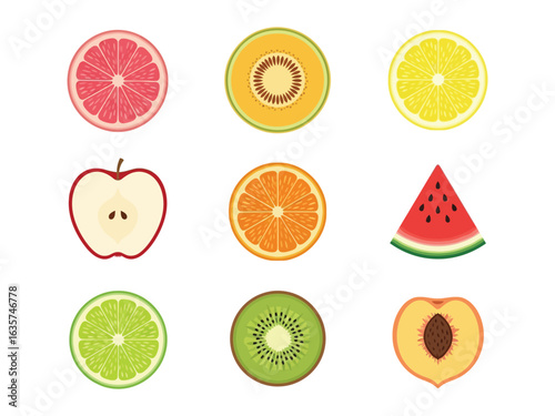 Colorful Fruit Collection: A vibrant assortment of freshly sliced fruits bursts with color and juicy appeal, presented in a visually appealing and appetizing arrangement.