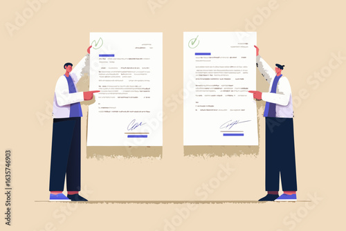 Two people holding up signed documents with checkmarks