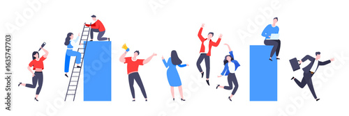 Teamwork concept with tiny people characters working together business concept elements set. Teamwork and time management concept flat style design vector illustration isolated on white background.