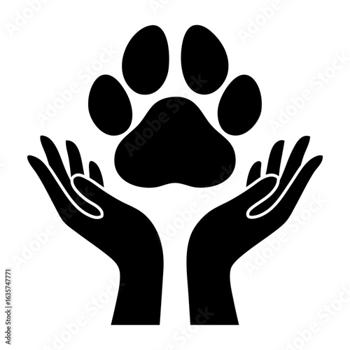 Logo protección de mascotas. Silueta de manos con pata de perro o gato