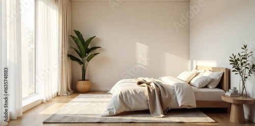 A serene bedroom features a minimalist aesthetic, soft natural light streaming through sheer curtains, highlighting carefully chosen textures and a calming color palette ,  calming,  solitude