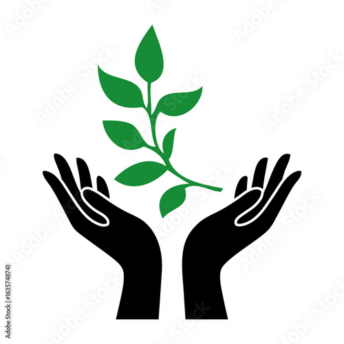 Logo primavera. Silueta de rama con hojas con manos con las palmas hacia arriba	