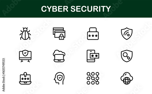 Cyber Security Icon Set in Minimal Vector Style Featuring Lock, Firewall, Encryption, Virus, and Privacy Symbols