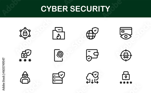 Cyber Security Icon Set in Minimal Vector Style Featuring Lock, Firewall, Encryption, Virus, and Privacy Symbols