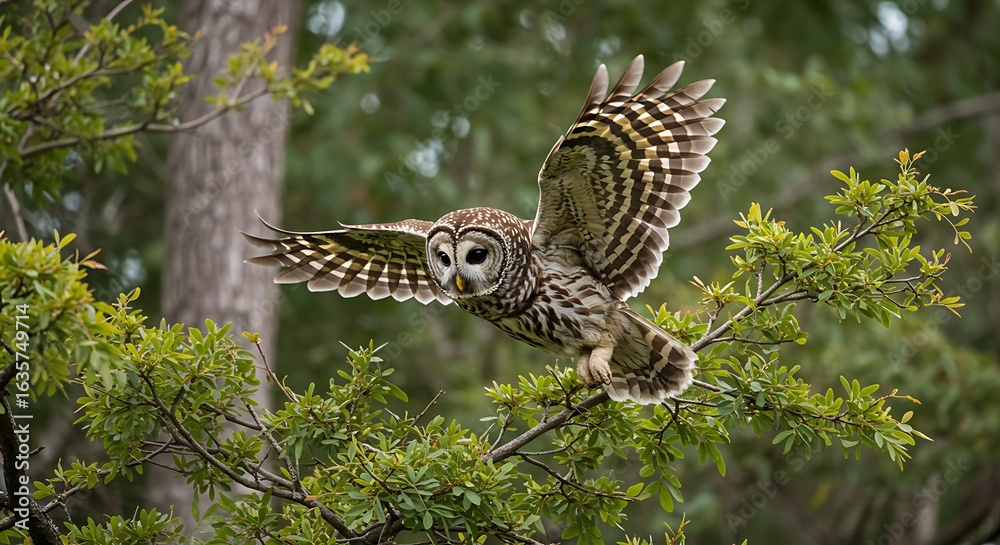 Obraz premium Stunning view: a closeup of a barred owl flying near green branches of a tree at alligator river national wildlife refuge