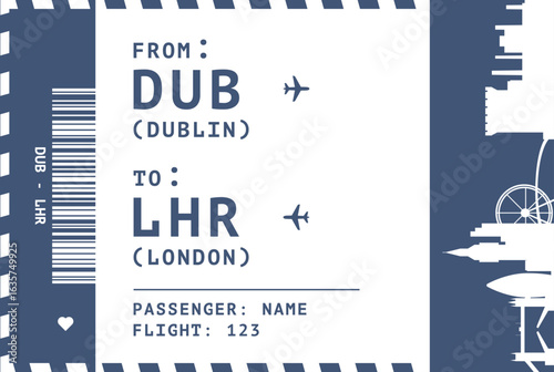 Dublin Ireland - London England international flight, luggage tag, boarding pass card. Vector illustration layout for infographic, postcard, sticker, print, promo with cities skylines