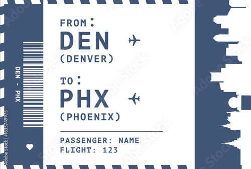 Denver - Phoenix ,USA flight, luggage tag, boarding pass card. Vector illustration layout for infographic, postcard, sticker, print, promo with landmark shapes
