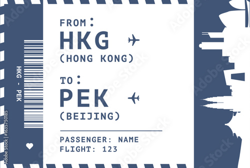 Hong Kong - Beijing China flight, luggage tag, boarding pass card. Vector illustration layout for infographic, postcard, sticker, print, promo with cities skylines