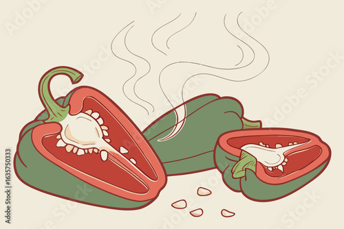 Illustration of whole and halved green peppers with seeds and steam on a cream colored background art