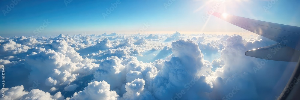 Fototapeta premium A breathtaking view of fluffy clouds and the vast expanse of the earth seen from an airplane window, sunlight illuminating the scene , cumulus, overhead