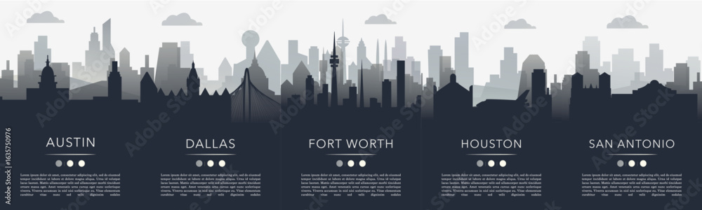 Obraz premium USA Texas cities gradient poster pack with copy space, text, skylines, landmarks of Austin, Dallas, Fort Worth, Houston, San Antonio. Vector illustration set. Monochrome travel images
