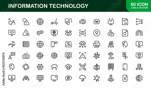 Information Technology Line Icon Collection – Unique and professional vector symbols illustrating IT systems, devices, data, and digital solutions