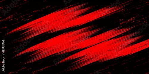 Textured background of black grunge brush strokes and mixed dots on a red background