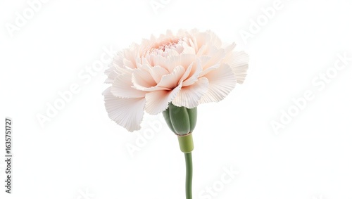 Delicate light pink carnation against a white background.
