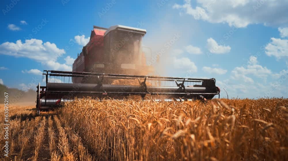 Agricultural machinery harvesting wheat ears in field, harvest season in country . Modern agribusiness and innovation in agronomy, growing cereals for food industry in ecological region, summer day Agricultural machinery harvesting wheat ears in field, harvest season in country . Modern agribusiness and innovation in agronomy, growing cereals for food industry in ecological region, summer day