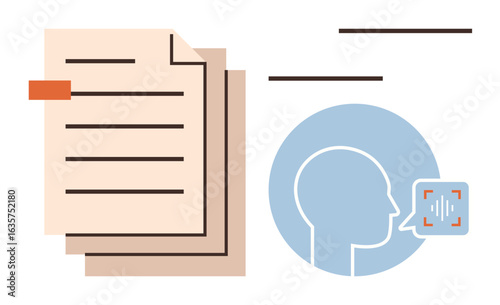 Stacked documents alongside a user profile engaging in voice recognition interaction. Ideal for artificial intelligence, voice input, transcription, technology, innovation, workflow, communication
