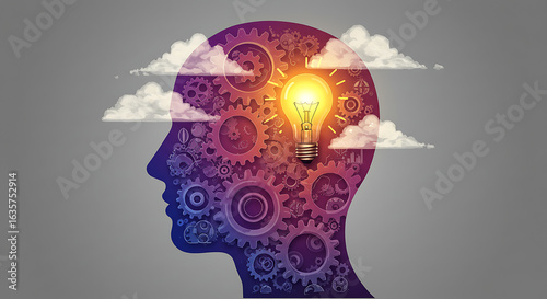 Wallpaper Mural Modern abstract illustration of the human mind intricate gears and a glowing light bulb symbolize innovation, creative intelligence, and complex thought processes. Torontodigital.ca