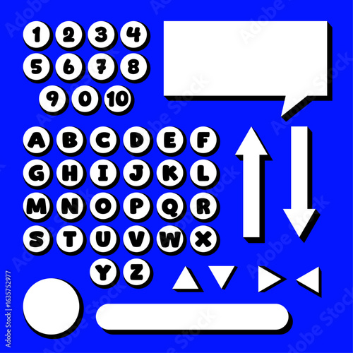 0 to 9 numbers vector design. A to Z alphabet Set of typography. Numeral and letter icon set. collection for bullet point. Vector illustration. text bubble, button and arrow 
