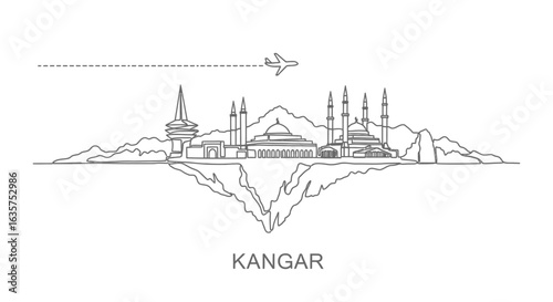 Kangar Skyline with Malaysia, Line Art, and Plane.