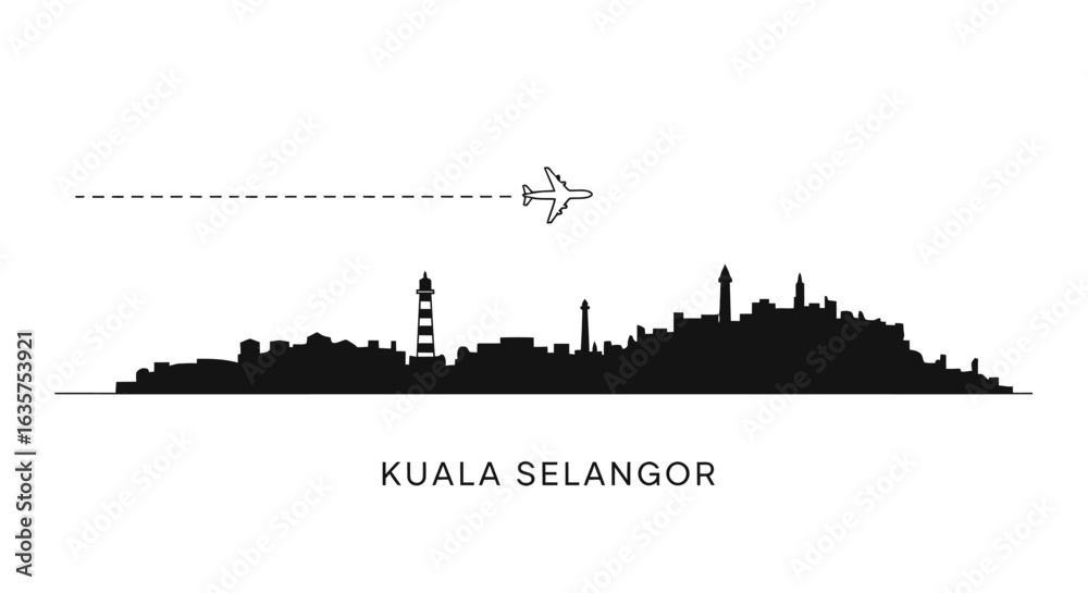 Obraz premium Kuala Selangor Skyline Black Silhouette Airplane.