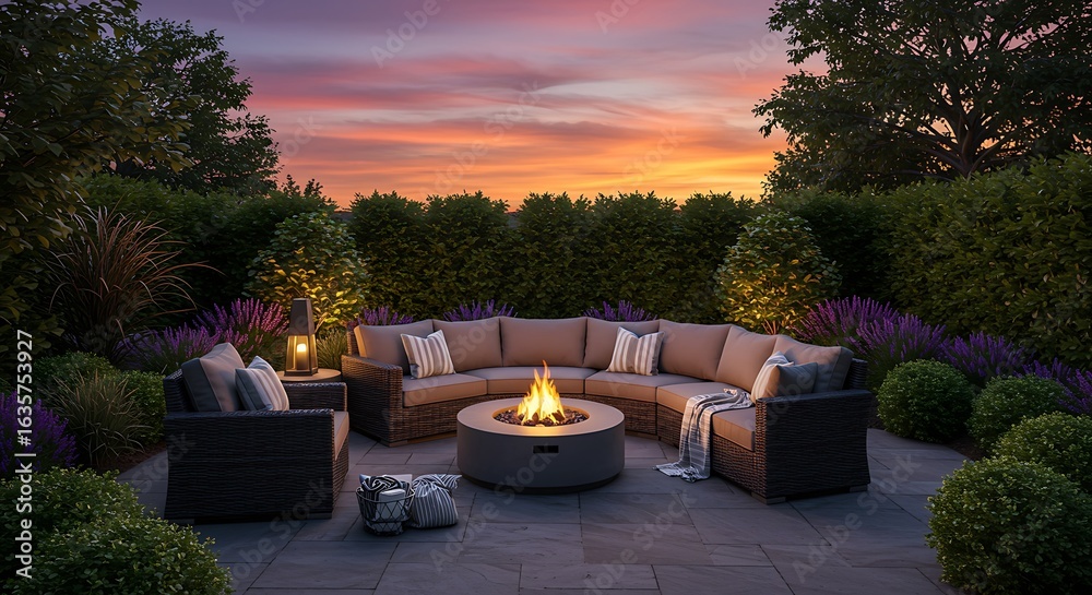 Naklejka premium A mesmerizing glimpse of a modern outdoor patio with cozy seating around a fire pit, surrounded by lush greenery, under a vibrant sunset sky.