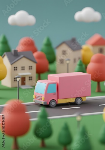 Pink delivery truck in stylized suburban landscape