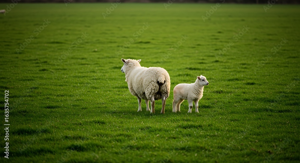 Obraz premium Experience nature through a mother and baby cotswold sheep standing on a grassland and looking in the same direction