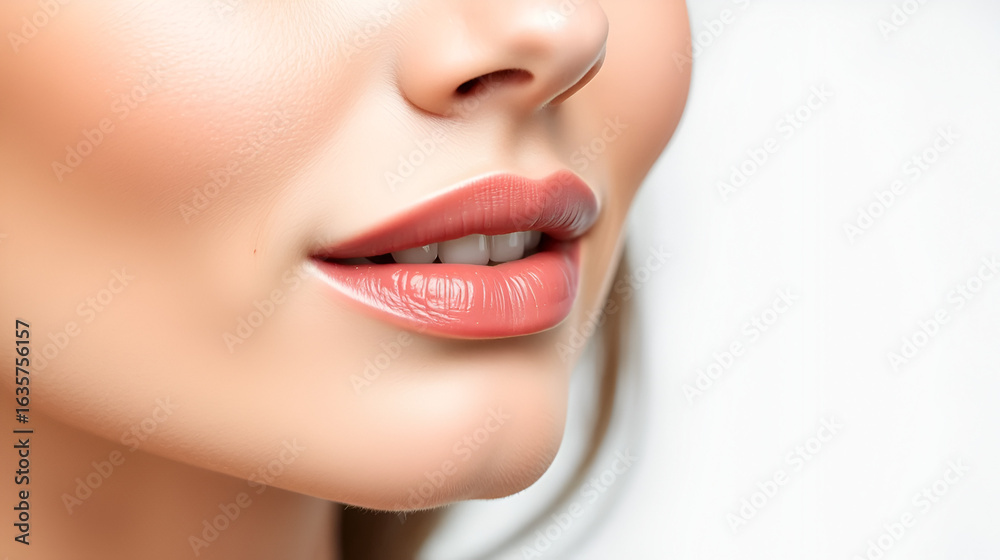 Obraz premium Cropped image of female face, lips and nose over white background. Lip augmentation and anti-wrinkle fillers. Concept of female beauty, plastic surgery, cosmetology, treatment, ad