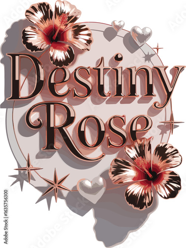 Beautiful Destiny Rose gold lettering with blooming flowers, shiny stars, and elegant hearts, a stylish feminine design element for digital art.