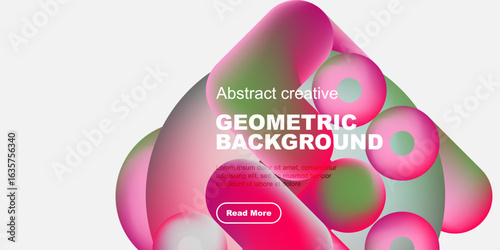 Abstract shapes overlap, creating vibrant geometric background. Text promotes further exploration via read more button.