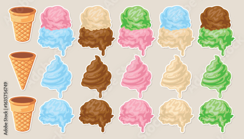 A collection of ice cream and cone vectors in various flavors and colors, ideal for menus, posters, or other creative projects