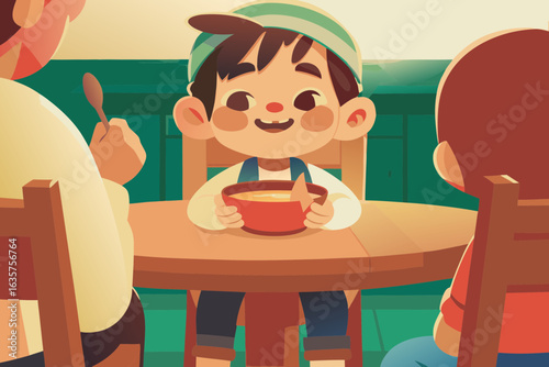 Boy with rosy cheeks enjoying warm homemade soup in a cozy kitchen.