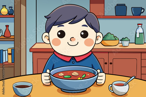 Boy with rosy cheeks enjoying warm homemade soup in a cozy kitchen