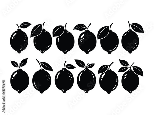 Lemon Silhouette: A black and white vector illustration of stylized lemons, arranged in two neat rows with delicate leaves. conveying simplicity, minimalism, and the refreshing appeal of citrus.