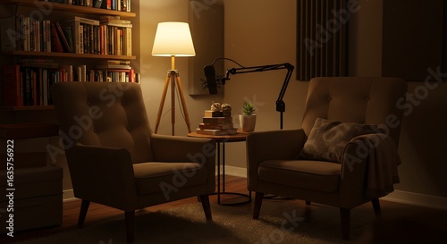Cozy reading nook with two armchairs and a floor lamp in a dimly lit room