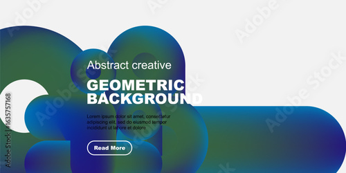 Abstract geometric background features vibrant blue, green hues. Text overlay includes geometric background, sample text, button. Modern design.