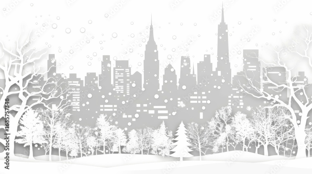 Fototapeta premium winter cityscape rendered in a monochromatic white and light gray palette, evoking a serene and snowy atmosphere