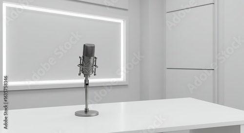 Professional condenser microphone on a stand in a modern recording studio