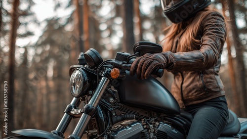 Motorcyclist sits astride a black bike, ready for a ride through the serene forest at dusk.