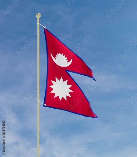 Flag of Nepal Waving Proudly on a Flagpole. 3D Animation of Nepali flag. Seamless Loop with Matte.