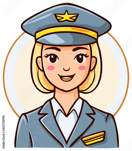 Cartoon portrait of a friendly female pilot in uniform. Professional woman aviator character illustration.
