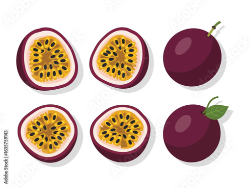 Passion Fruit: A vibrant composition of passion fruits, showcasing the intricate beauty of the whole and halved fruit, its rich purple skin, and the unique, juicy seed-filled core.